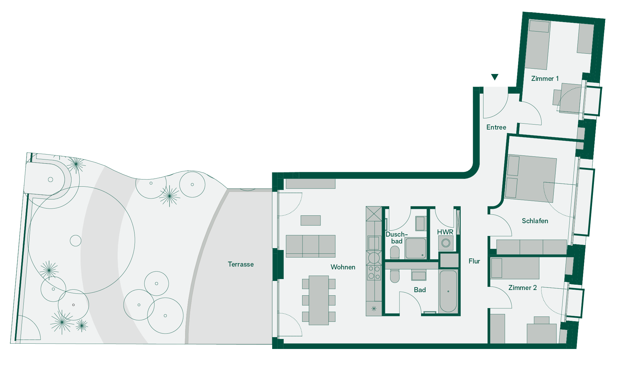 havn-grundriss-wohnung-mit-garten Der Grundriss einer Erdgeschoss Wohnung mit 4 Zimmern und Garten